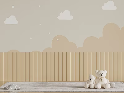 Beige Wall With White Clouds Star Patterns Wooden Wainscoting And White Teddy Bears On Rug 3d model
