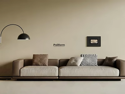 Modern Three Seater Sofa With Beige Upholstery Mixed Pattern Cushions And Black Floor Lamp 3d model