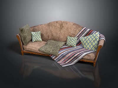 Brown Sofa With Various Patterned Pillows And Striped Blanket On Wooden Armrests 3d model