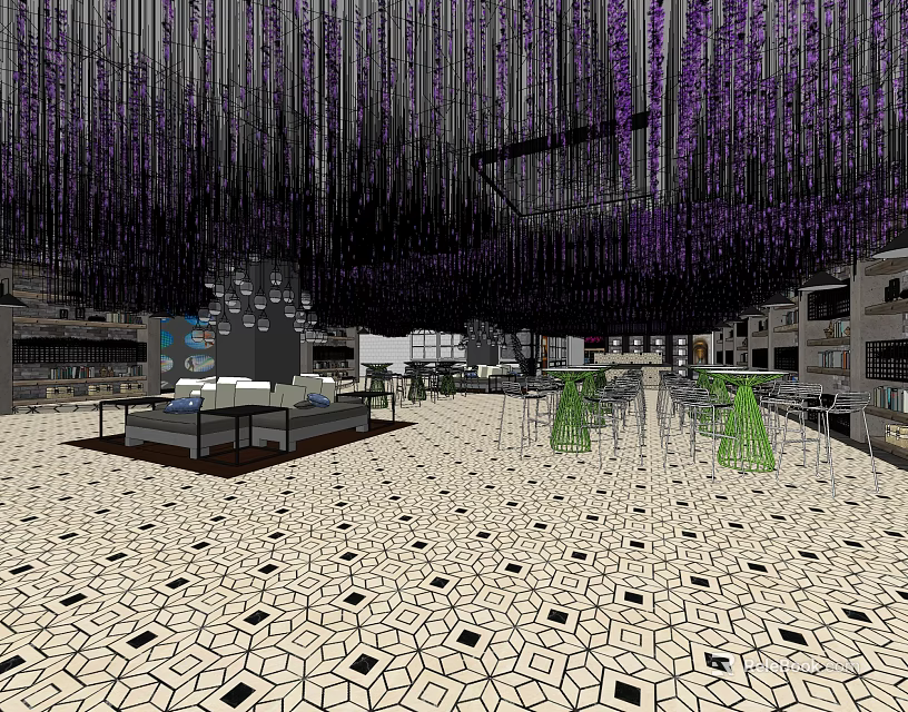 Elegant Club Interior Featuring Purple Hanging Decorations Geometric Floor Tiles Tables Chairs And Display Cabinets 3d model 