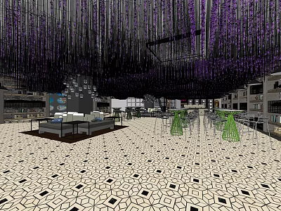 Elegant Club Interior Featuring Purple Hanging Decorations Geometric Floor Tiles Tables Chairs And Display Cabinets 3d model