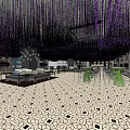 Elegant Club Interior Featuring Purple Hanging Decorations Geometric Floor Tiles Tables Chairs And Display Cabinets