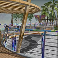 Curved Pergola With Colorful Canopy Wooden Structure And Circular Green Areas On Gray Paving