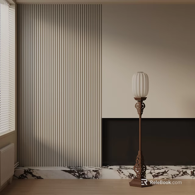 Floor Lamp With White Shade And Carved Wooden Base In Interior With Striped Wall And Dark Panel 3d model 