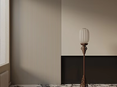 Floor Lamp With White Shade And Carved Wooden Base In Interior With Striped Wall And Dark Panel 3d model