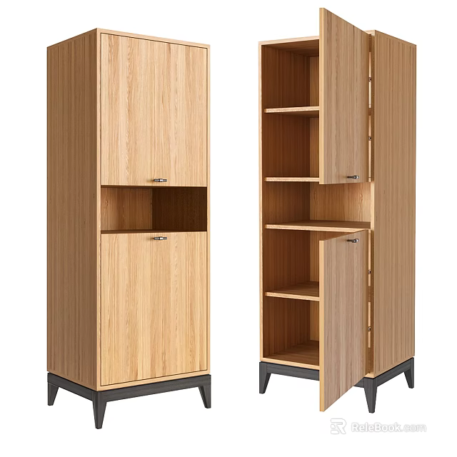 Wooden Storage Cabinet With Open Closed Doors Multiple Shelves And Black Legs 3d model 