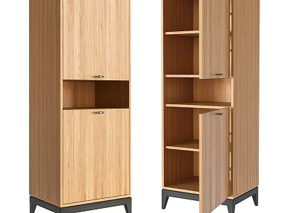 Wooden Storage Cabinet With Open Closed Doors Multiple Shelves And Black Legs 3d model