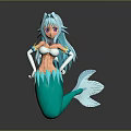 Anime Style Mermaid Game and Movie Character with Light Blue Hair Purple Eyes Green Tail