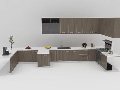 Modern Kitchen Wooden Cabinets With L Shaped Countertop And Fruits Coffee Maker Plants 3d model