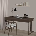Cozy Home Office Workspace With Wooden Desk White Cushion Chair Black Lamp And Wall Shelf