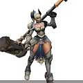 Game Character In Blue And White Armor Wielding Large Hammer With Combat Stance