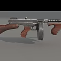 Vintage Submachine Gun With Wooden Stock Metal Body And Drum Magazine