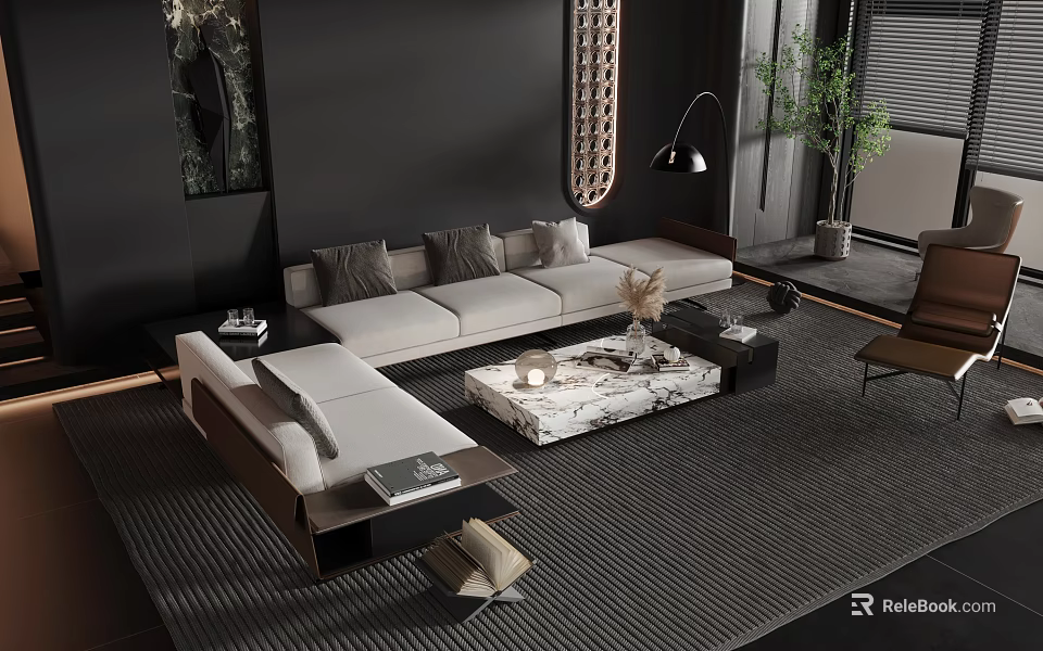 Modern Light Colored Sofa Coffee Table Set With Marble Top And Black Accents 3d model 