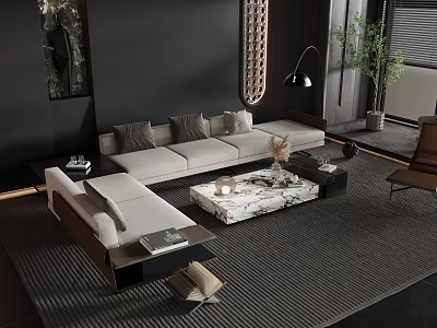 Modern Light Colored Sofa Coffee Table Set With Marble Top And Black Accents 3d model