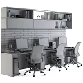 Modern Office Desk With Three Workstations Computer Monitors Black Chairs Brick Wall And Wooden Shelves