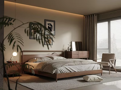 Modern Minimalist Bedroom Interior With Wooden Bed White Bedding Area Rug And Wall Art 3d model