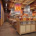 Traditional Chinese Hotpot Restaurant Interior With Wooden Tables Red Lanterns And Bamboo Decorations