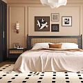 Modern Bedroom With Beige Bedding Dark Wardrobe White Pendant Light And Black White Dot Carpet