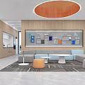 Modern Office Reception Desk with Marble Backdrop and Professional Receptionist Company Logo and Bright Interior