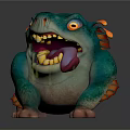 Teal Fantasy Monster With Large Eyes Open Mouth Sticking Tongue Green Orange Slime And Fins