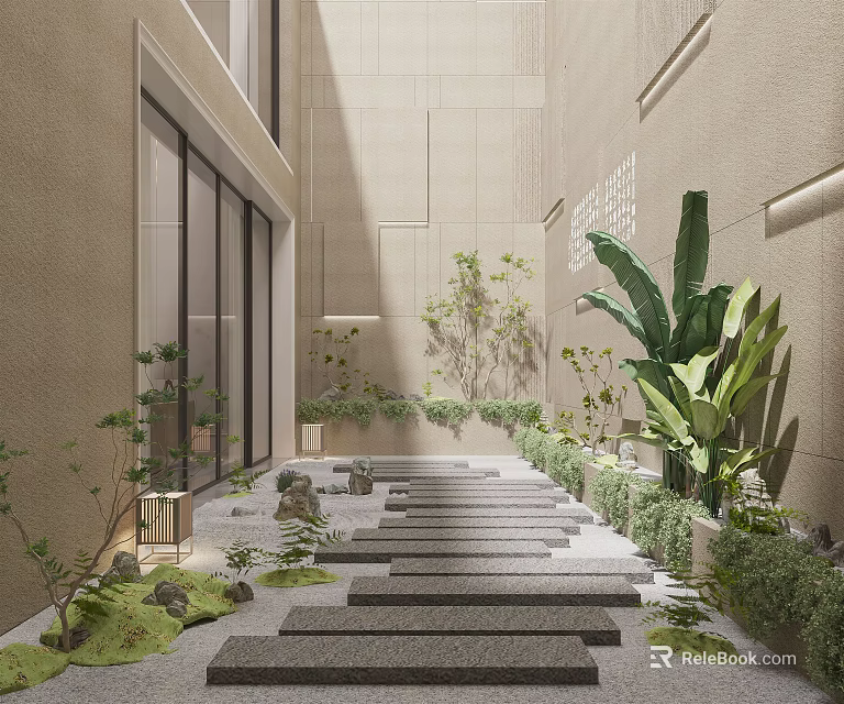 Serene Garden Courtyard Landscape Design With Stone Stepping Pathway Lush Green Plants And Textured Walls 3d model 