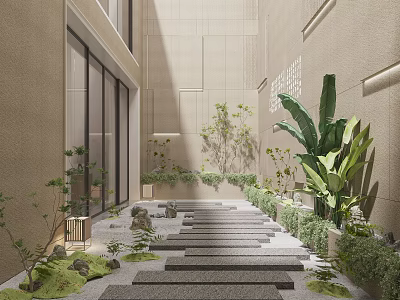 Serene Garden Courtyard Landscape Design With Stone Stepping Pathway Lush Green Plants And Textured Walls 3d model