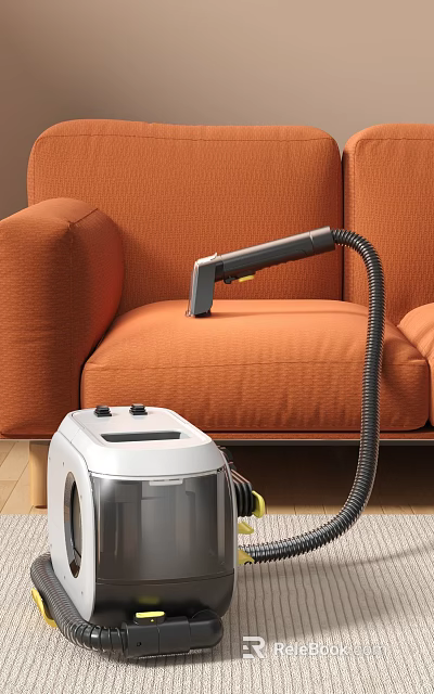 Vacuum Cleaner With Hose Cleaning Orange Sofa Upholstery Surface Smoothly At Home 3d model 