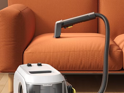 Vacuum Cleaner With Hose Cleaning Orange Sofa Upholstery Surface Smoothly At Home 3d model