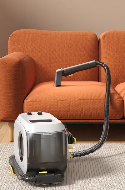 Vacuum Cleaner With Hose Cleaning Orange Sofa Upholstery Surface Smoothly At Home 3d model