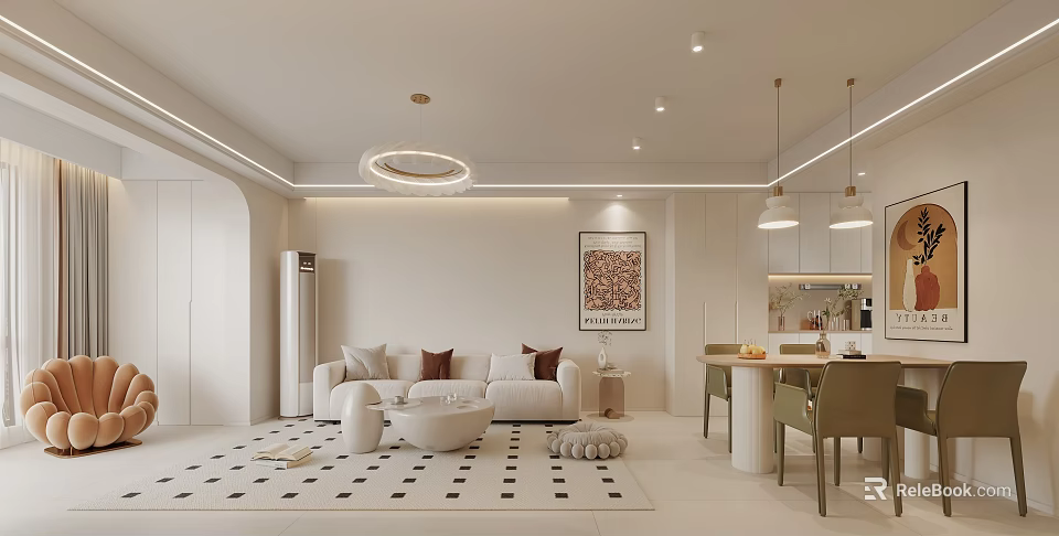Modern Living and Dining Room Interior With Sofa Coffee Table Geometric Rug And Pendant Lights 3d model 