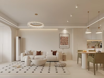Modern Living and Dining Room Interior With Sofa Coffee Table Geometric Rug And Pendant Lights 3d model