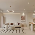 Modern Living and Dining Room Interior With Sofa Coffee Table Geometric Rug And Pendant Lights