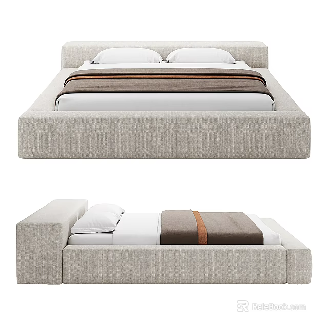 Modern Upholstered Double Bed With Neutral Fabric Frame White Sheets And Brown Blanket 3d model 