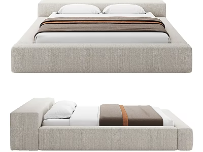 Modern Upholstered Double Bed With Neutral Fabric Frame White Sheets And Brown Blanket 3d model