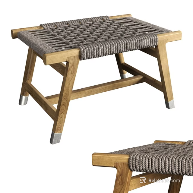 Modern Rope Woven Seat Stool With Wooden Frame And Metal Legs 3d model 