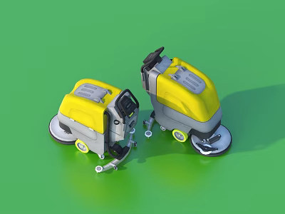 Yellow Floor Scrubber Cleaning Machines Two Units On Green Background 3d model