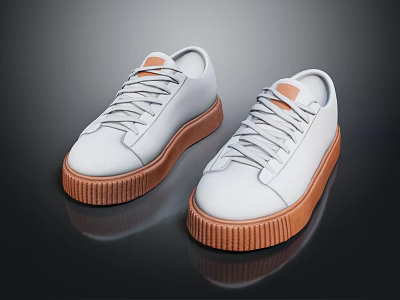 White Casual Leather Shoes With Brown Thick Sole And Lace Up Design For Daily Wear 3d model