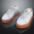 White Casual Leather Shoes With Brown Thick Sole And Lace Up Design For Daily Wear