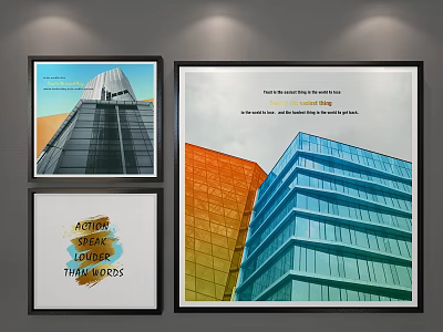 Framed Artworks Displaying Modern Building Designs With Colorful Glass Facades And Text Elements 3d model