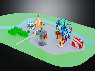 Colorful Amusement Park Rides With Ferris Wheel Carousel Tent Trees Path And River 3d model