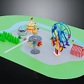 Colorful Amusement Park Rides With Ferris Wheel Carousel Tent Trees Path And River