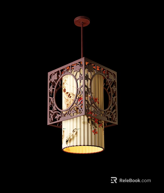 Traditional Chinese Style Chandelier With Carved Frame And Floral Pattern Shade 3d model 