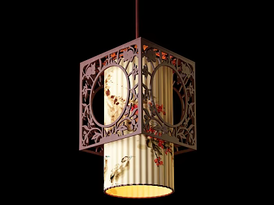 Traditional Chinese Style Chandelier With Carved Frame And Floral Pattern Shade 3d model