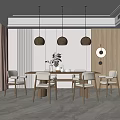Modern Dining Table Set With Chairs Pendant Lights And Decorative Items In Minimalist Interior 3d model