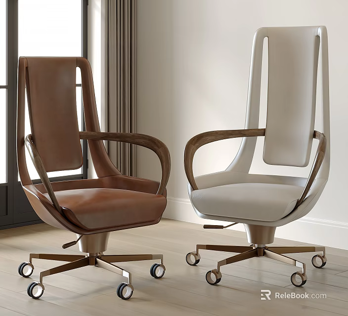 Brown and White Modern Office Chairs with Wooden Armrests Metal Base and Wheels 3d model 
