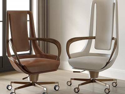 Brown and White Modern Office Chairs with Wooden Armrests Metal Base and Wheels 3d model