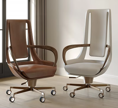 Brown and White Modern Office Chairs with Wooden Armrests Metal Base and Wheels 3d model