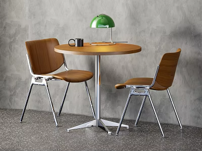 Modern Round Wooden Table With Two Chairs Metal Legs Green Desk Lamp And Black Mug 3d model