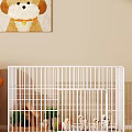 Cozy Indoor White Pet Cage with Small Dog Resting on Top and Pet Food Packages