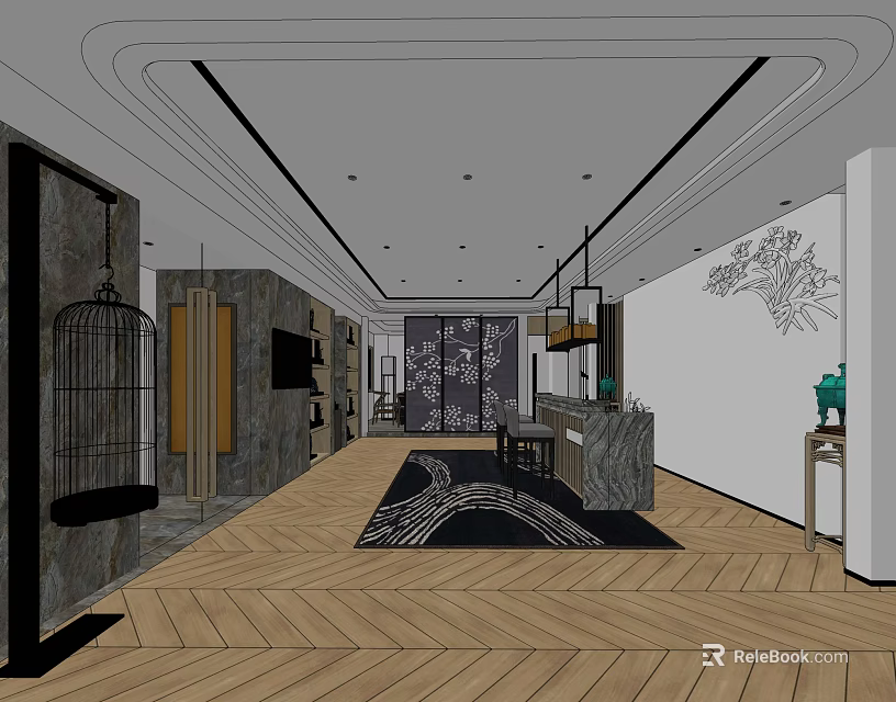 Modern Front Desk Reception Area With Herringbone Wooden Floor Wall Art And Pendant Lights 3d model 